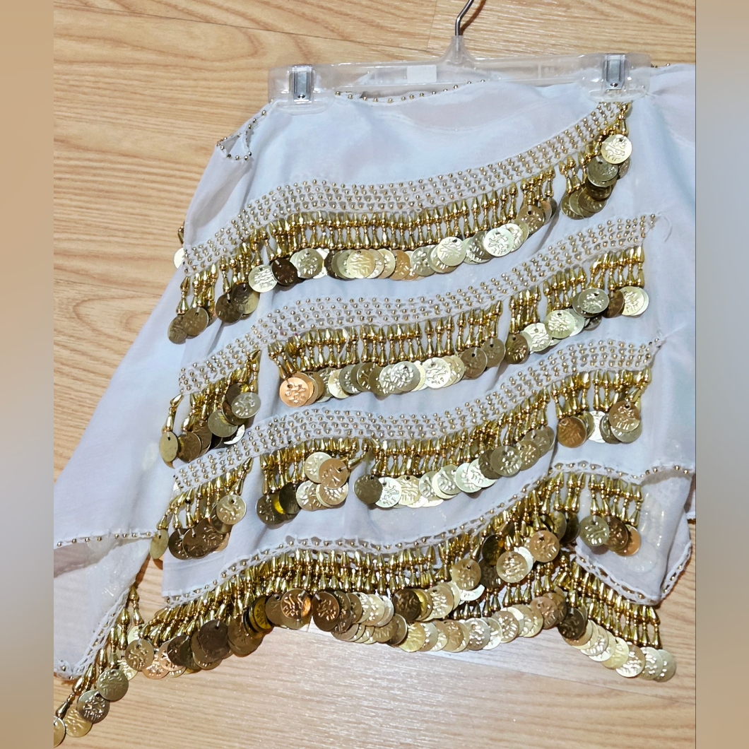 Renaissance Belly Dance Hip Scarf White With Gold Coins ~New~ Firm Price